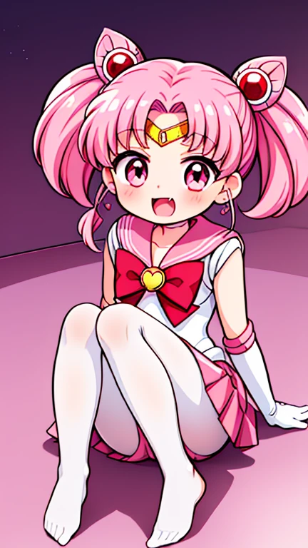 Sailor Moon，young年，Seven years old，cute，（Little Loli），Pink hair twintails，short hair，Sailor Suit，Red bow，White elbow gloves，Red Skirt，No shoes，Open your mouth，laughing out loud，Fangs，(White pantyhose),Sole，Soles，(young)，(little man)，sit