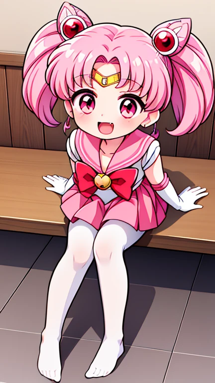 Sailor Moon,young年,Seven years old,cute,(Little ),Pink hair twintails,short hair,Sailor Suit,Red bow,White elbow gloves,Red Skirt,No shoes,Open your mouth,laughing out loud,Fangs,(White pantyhose),Sole,Soles,(young),(little man),sit