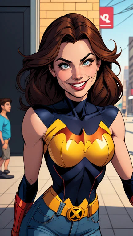Batgirl portrait mode from the 90s together the 3 characters Cartoon style digital illustration together boyfriends Cartoon style character portrait mode Cartoon style character facial expression happy beautiful smile and six medium small portrait mode from the waist up 