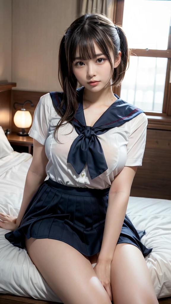 (1 female), (((Spread your legs,Showing panties))), (((School sailor uniform (upper body only)))), masterpiece, 最high quality, high quality, High resolution, In detail, Detailed Texture, Realistic facial expressions, Realistic, 17-year-old girl、 (((Forward lighting))), smile,  (Glowing Eyes),  (Beautiful and delicate face down to the last detail, Beautiful eyes in every detail, Perfectly balanced face, Skin with attention to detail, (((Glowing White Skin))), Large Breasts,   ((Sitting on the bed with one knee raised)), ((Smooth texture, Realistic texture, Realistic)),(Cute face, Girl、Detailed face)