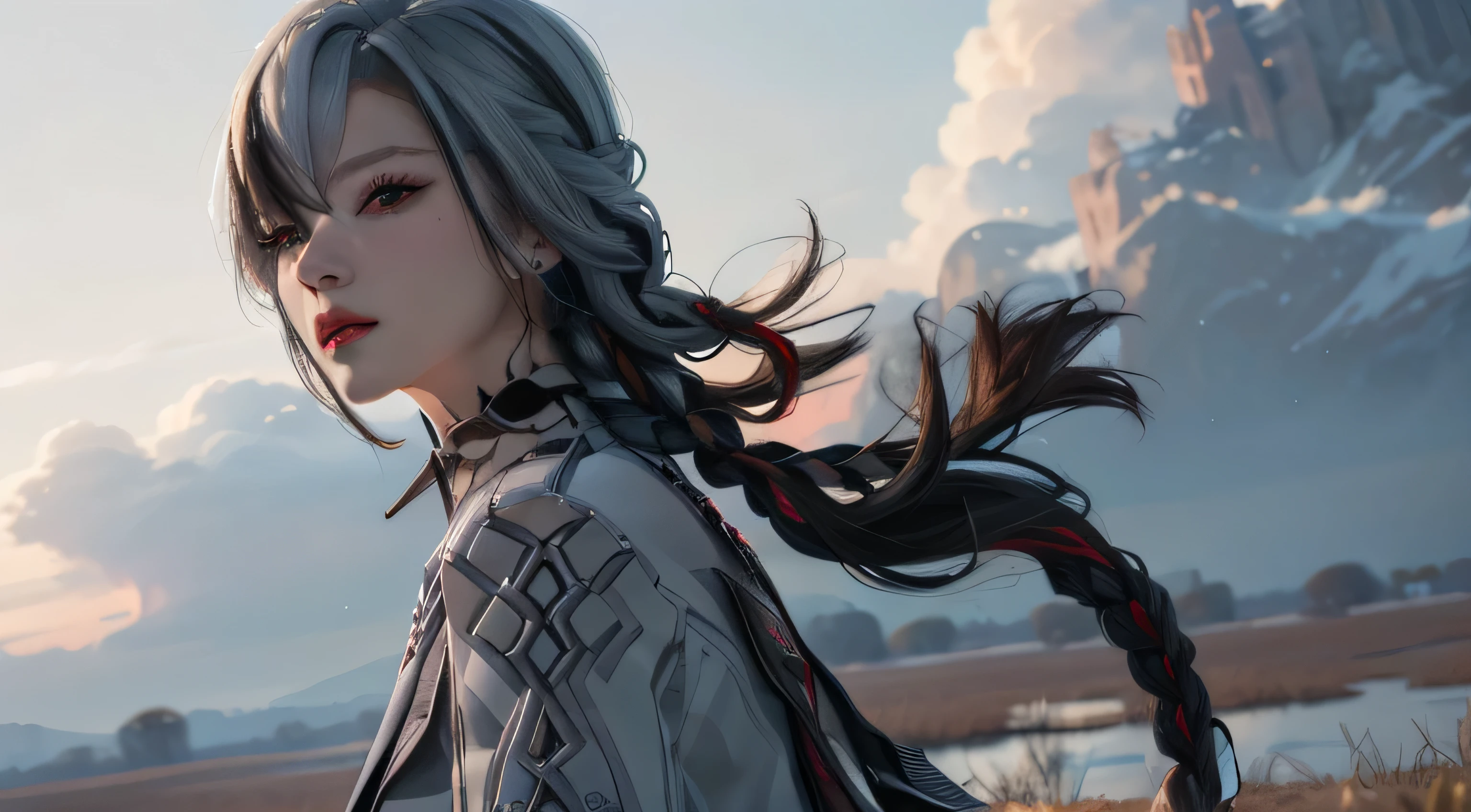 shenhedef, upper body, seductive look, blush, outdoors, snowflake scenery, looking at viewer, cloudy, moody lighting, (perfect detail eyes:1.2), glowing eyes, (long hair one braid:1.2), elemental skill effect, (Masterpiece, Best Quality, High Quality:1.4), professional artwork, Intricate Details, field of view, sharp focus, detailed painting, photorealistic lighting, trending on pixiv, (vivid lighting, vibrant colors:1.05), realistic shadows, ambient occlusion, (athletic body:1.3), mature woman, 30yo,