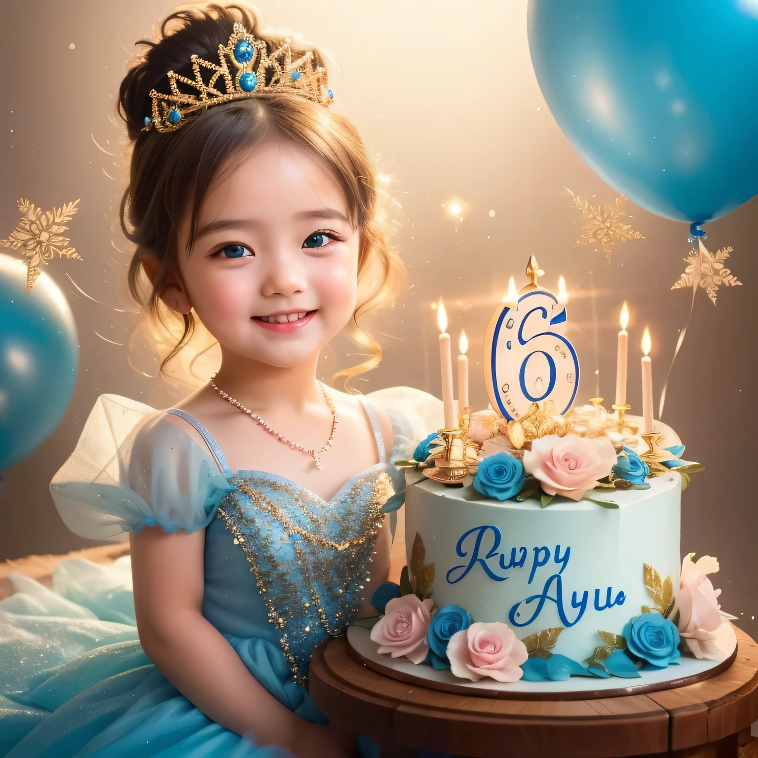 generate img , beauty photography , 6 girl as a beautiful princess cinderella , blue eyes , ((( Roro Ayu ))) name written on the cake , balloon ornaments and flying knick-knacks , happy , disney princess cinderella . harp focus, graceful smile , graceful pose , high-quality , exotic , vibrant, tranquil , Canon EOS 6D Mark III , ultra detail ,hight resolution .