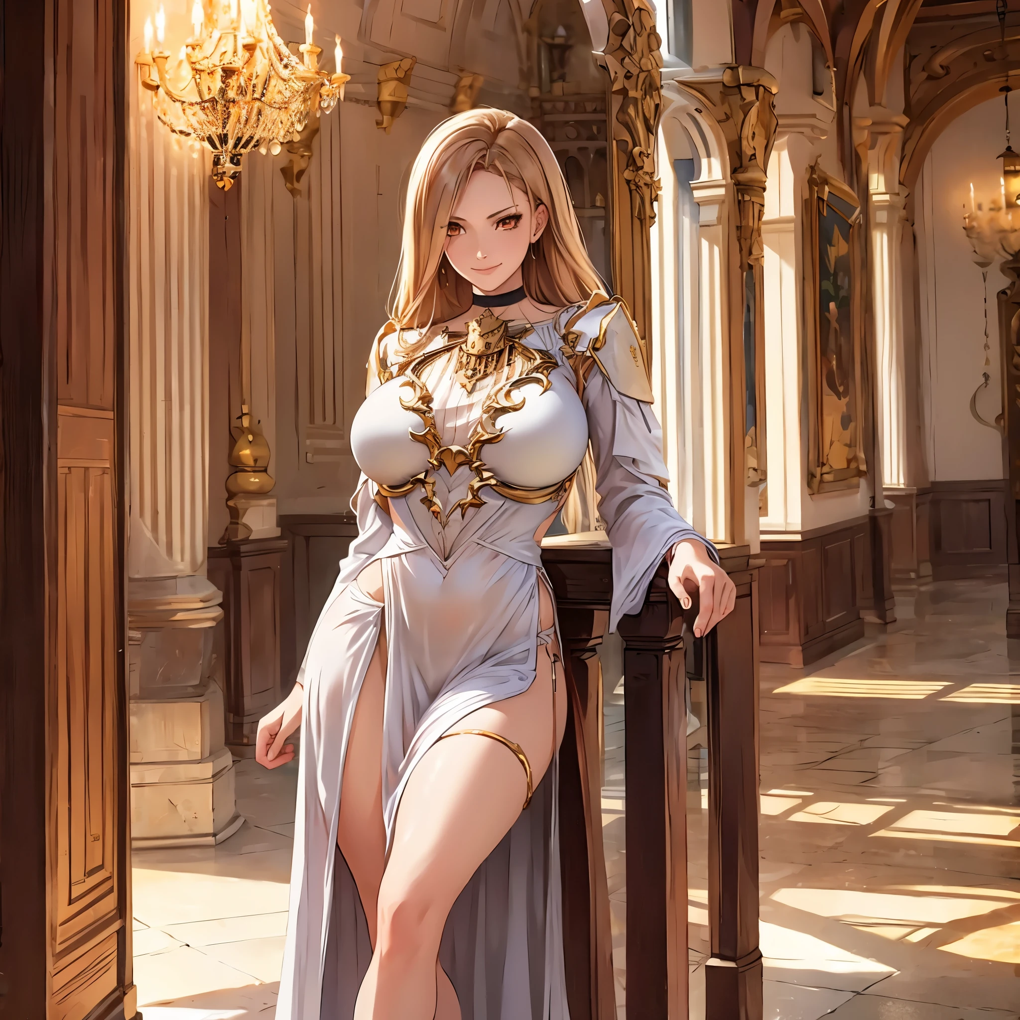 a woman wearing a white dress with gold details on the dress, legs exposed, long beige hair, orange eyes, smiling, large breasts, in a sophisticated medieval hall, with stone pillar windows, carpets, curtains in place,HDR, masterpiece, well defined, ultra resolution, high quality, 8k HD. (just a woman, solo)
