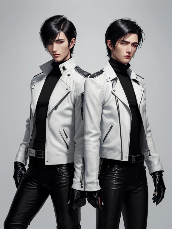 Final Fantasy-style graphics, young, Two cute and cool Japanese boys, Thin eyebrows and big eyes, Both are wearing shiny white single-breasted leather jackets.。..。Biker style leather jacket、 with epaulettes, The jacket is zipped up, The jacket pockets are black., The jacket has a high stand-up collar with a belt,They both wore black turtlenecks.., They both wore black leather pants.., Both of them were wearing thin black leather gloves.., They both wore black leather knee-high lace-up boots.., Please show me your whole body, Both of you, From head to toe., Final Fantasy Style、((Two handsome guys))、((Clear eyes and nose))、((Shiny white single leather jacket))、((The jacket must be white))((The jacket has epaulettes))、((The jacket has a high stand-up collar and a belt.))、((The jacket has a black pocket))、((Black turtleneck shirt))、((Shiny black leather pants))、((Shiny black leather gloves on both hands))、((Black lace-up leather long boots))、((They're both dressed exactly the same))、((View the whole body image from a distance))、Realistic image quality and texture、In a small cell、close your eyes、Has a gentle smile、((The jacket is closed with a zipper))、((No exposed skin below the neck))、((Asleep in bed))、((The two of them are standing close together with their eyes closed))