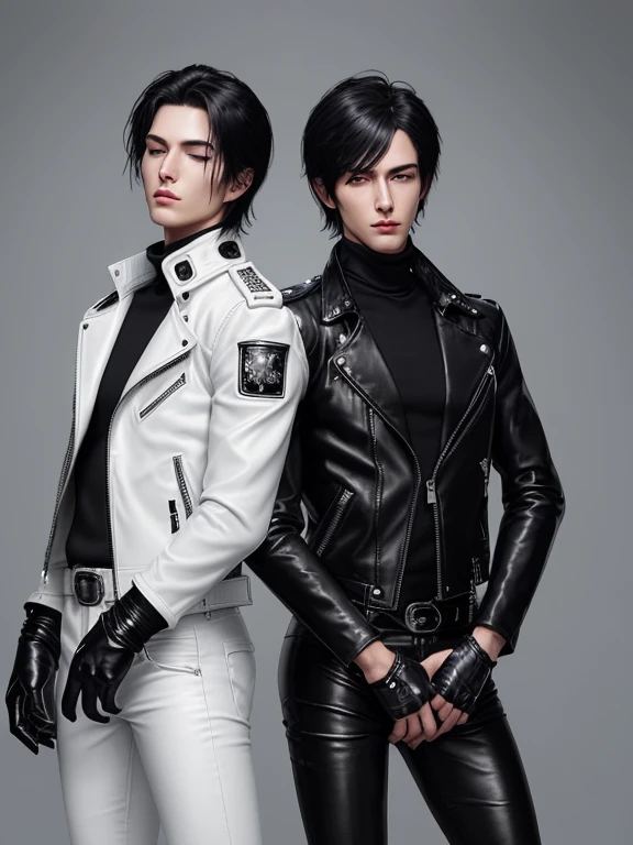 Final Fantasy-style graphics, young, Two cute and cool Japanese boys, Thin eyebrows and big eyes, Both are wearing shiny white single-breasted leather jackets.。..。Biker style leather jacket、 with epaulettes, The jacket is zipped up, The jacket pockets are black., The jacket has a high stand-up collar with a belt,They both wore black turtlenecks.., They both wore black leather pants.., Both of them were wearing thin black leather gloves.., They both wore black leather knee-high lace-up boots.., Please show me your whole body, Both of you, From head to toe., Final Fantasy Style、((Two handsome guys))、((Clear eyes and nose))、((Shiny white single leather jacket))、((The jacket must be white))((The jacket has epaulettes))、((The jacket has a high stand-up collar and a belt.))、((The jacket has a black pocket))、((Black turtleneck shirt))、((Shiny black leather pants))、((Shiny black leather gloves on both hands))、((Black lace-up leather long boots))、((They're both dressed exactly the same))、((View the whole body image from a distance))、Realistic image quality and texture、In a small cell、close your eyes、Has a gentle smile、((The jacket is closed with a zipper))、((No exposed skin below the neck))、((Asleep in bed))、((The two of them are standing close together with their eyes closed))