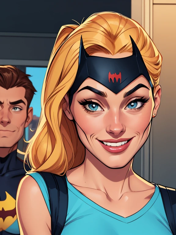 Batgirl portrait mode from the 90s together the 3 characters Cartoon style digital illustration together boyfriends Cartoon style character portrait mode Cartoon style character facial expression happy beautiful smile and six medium small portrait mode from the waist up 