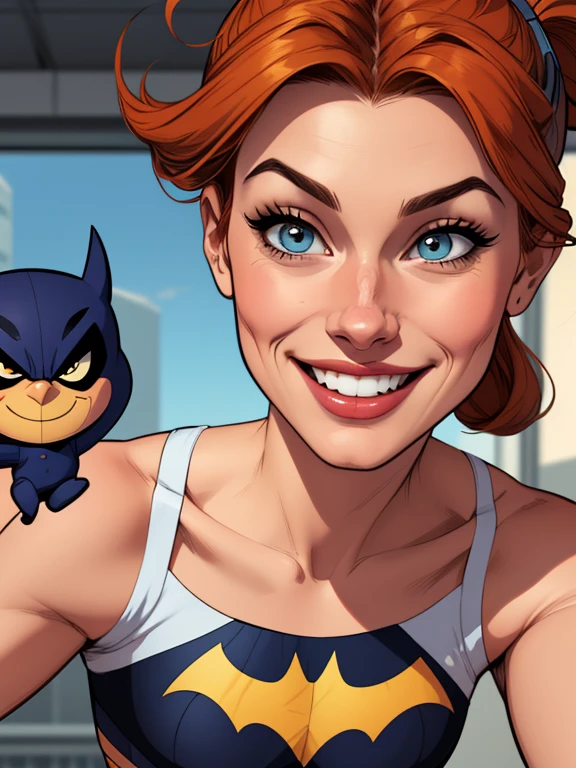 Batgirl portrait mode from the 90s together the 3 characters Cartoon style digital illustration together boyfriends Cartoon style character portrait mode Cartoon style character facial expression happy beautiful smile and six medium small portrait mode from the waist up