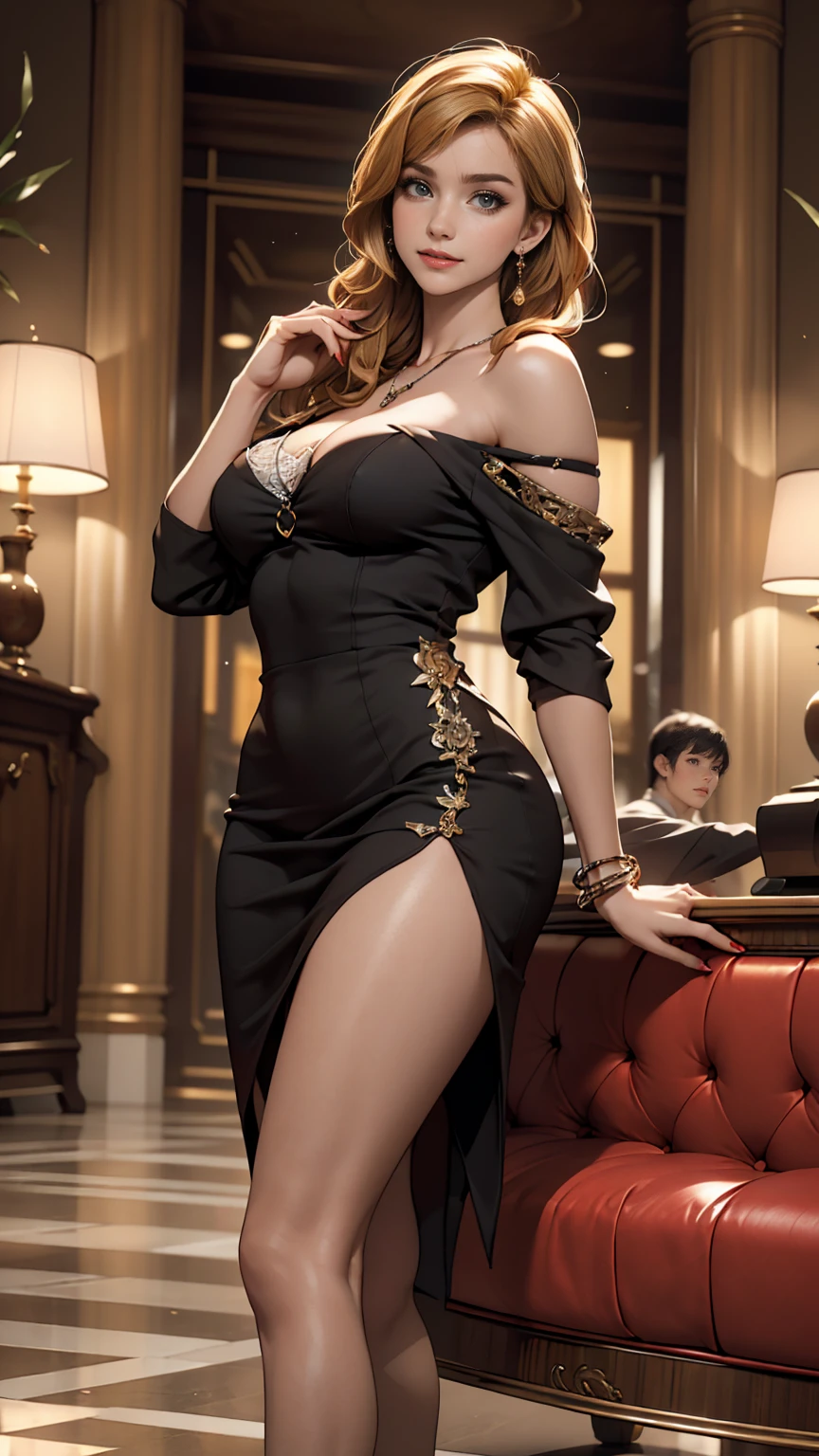 (obra maestra) (La mejor calidad) Una hermosa mujer pelirroja con cabello muy largo que fluye por su espalda, con un impresionante vestido de fiesta negro con escote en V. Ella lleva un par de pendientes de diamantes, un collar de oro fino y varios anillos en sus dedos. Ella lleva tacones altos de un rojo intenso. She is leaving her large mansion to go to an event. vendimia, vendimia, glamur