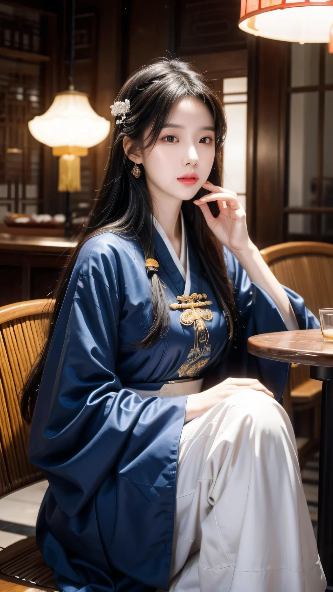 Close-up of a woman sitting at the table drinking a cup of coffee, palace , Girl wearing Hanfu, A young woman plays, beautiful oriental woman, Chinese woman, Chinese Girl, Chinese Princess, an Asian woman, a young Asian woman, ancient Chinese Princess, Asian woman, wearing chinese clothes, Traditional Beauty, young asian girl