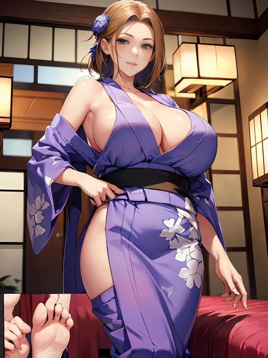 masutepiece、Best Quality、 Perfect human body、ultra-detailliert、hight resolution、8K Wallpapers、Perfect dynamic composition,、Beautiful detailed eyes、Natural Color Lip、Bold sexy poses、Smile、20 years girl、sexy milf、Sexy shot looking at camera、(top-quality: 1.3), (masterpiece: 1.3), (Super Detail: 1.3), (wall-paper, one girls: 1.1)、(Detailed hands and fingers:1.2)、(Detailed ultra-oily shiny skin:1.1)、(Yukata at the ryokan:1.4)、(Raw feet:1.3)、Beautiful sister、(Luxury Ryokan:1.2)、(big beautiful long breasts:1.4) 、Stay in a Japanese-style room、Tatami mats、sexypose、is standing、bedding、Japanese style futon、Jin (MTSP)'s Tachibana Kyouka, extremely naked, nude, gigantic breast, nua,xtremely naked, nude, nua, pelada, nsfw, gigantic breast 1.9
