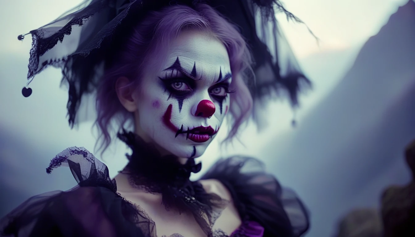 A place with a morbid look that resembles a funeral, (foggy:1.2), silhouetted in soft shadow (closeup photograph:1.2) (Purple Mountain Majesty clown outfit:1.3) (beautiful supermodel:1.1) Face forward, very close, her face is inches from the camera, her mouth is opened grotesquely wide with long sharp teeth fangs like a vampire but many of them, and crazy eyes, her face fills the entire image, it looks like she is about to bite us, bokeh
