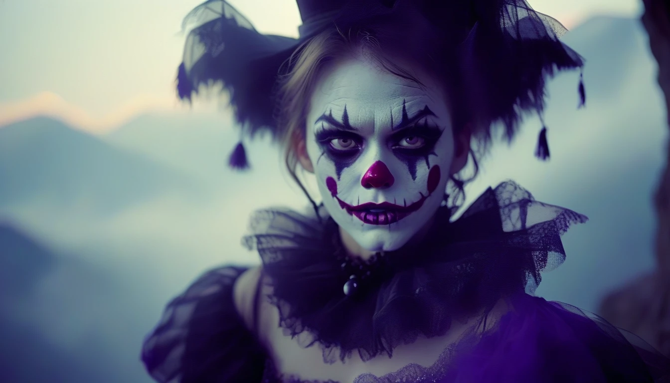 A place with a morbid look that resembles a funeral, (foggy:1.2), silhouetted in soft shadow (closeup photograph:1.2) (Purple Mountain Majesty clown outfit:1.3) (beautiful supermodel:1.1) Face forward, very close, her face is inches from the camera, her mouth is opened grotesquely wide with long sharp teeth fangs like a vampire but many of them, and crazy eyes, her face fills the entire image, it looks like she is about to bite us, bokeh