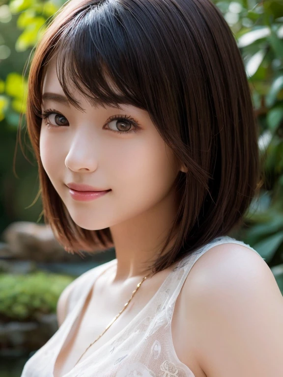 8k, highest quality, very detailed, high resolution, small breasts, thin lips, detailed face, cute smile, cute Japanese female idol, cute 24 year old beauty, beautiful and graceful features, cute face, natural bangs, well groomed, arched, thin eyebrows, ((large, well balanced eyes)), cute eyes, beautiful thin nose, beautiful skin, fair skin, medium bob hair, natural bangs, slim face, beautiful collarbone, slim figure, (looking at camera with a gentle smile), (face lighting), bright lighting, professional lighting, forward lighting, gentle smile, face lighting,