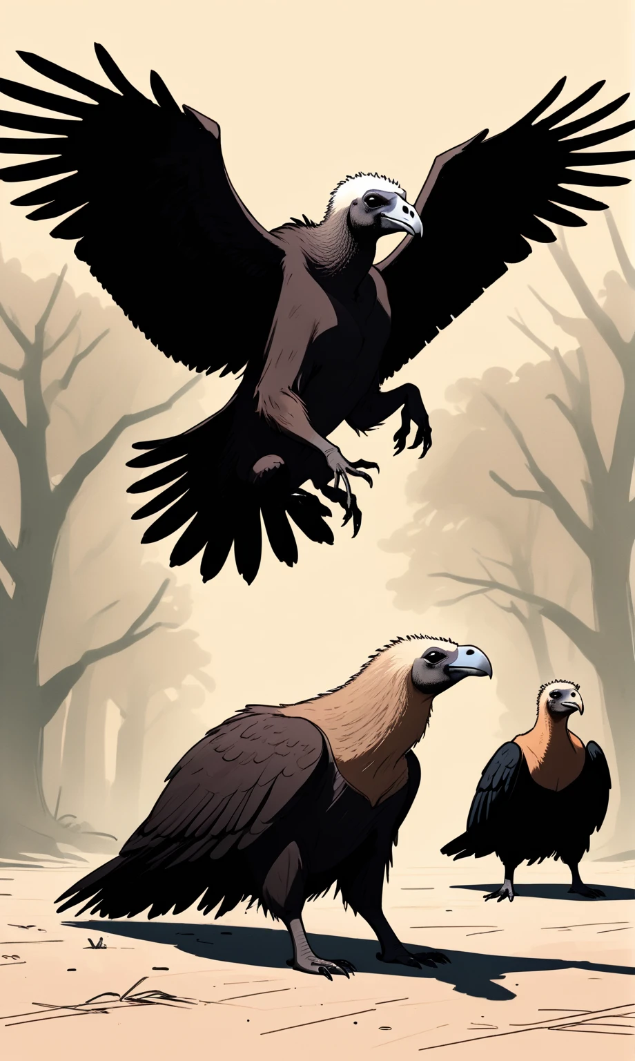 wordless, sketch, rich color grading, cel shading, webcomic, simple, minimal, capybara dancing a vile stanky boogie dance, (in background, lurking in shadows, ominous, sinister and insatiable predator bird duo (Black Vulture (Cathartidae), and Caracara (Falconidae) ) waiting), cinematic poster, strange, hyper maximal, hand drawn expressive ink, cel shading, inverse, negative coloring, rich color grading, darkness, abyss,