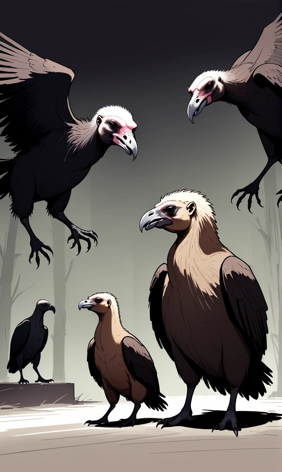 wordless, sketch, rich color grading, cel shading, webcomic, simple, minimal, capybara dancing a vile stanky boogie dance, (in background, lurking in shadows, ominous, sinister and insatiable predator bird duo (Black Vulture (Cathartidae), and Caracara (Falconidae) ) waiting), cinematic poster, strange, hyper maximal, hand drawn expressive ink, cel shading, inverse, negative coloring, rich color grading, darkness, abyss,
