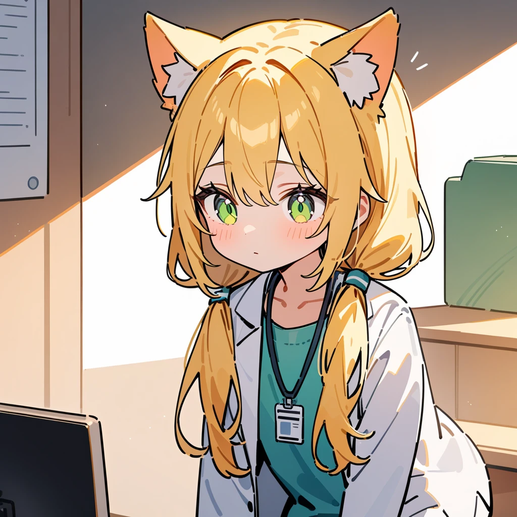 （masterpiece：1.2，high quality），8K，High resolution，A seven-year-old girl，cute girl，blonde hair，long hair，light green eyes，low twintails，cat ears，expressionless eyes，Wearing white doctor uniform，Work ID hanging around neck，Stand in the office，primary school student，whole body