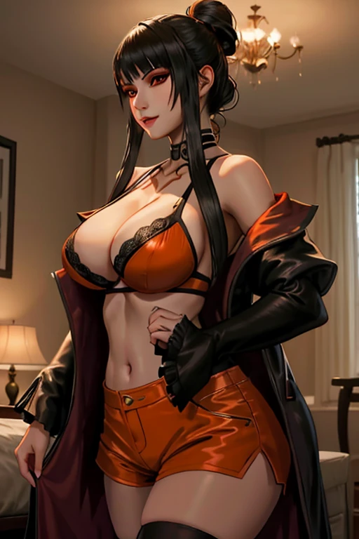 Eliza From Tekken, sensual smile, in a black bra and cleavage, with a coat draped over her shoulders, in short shorts, at home, soft lighting in the room with orange and dark tones