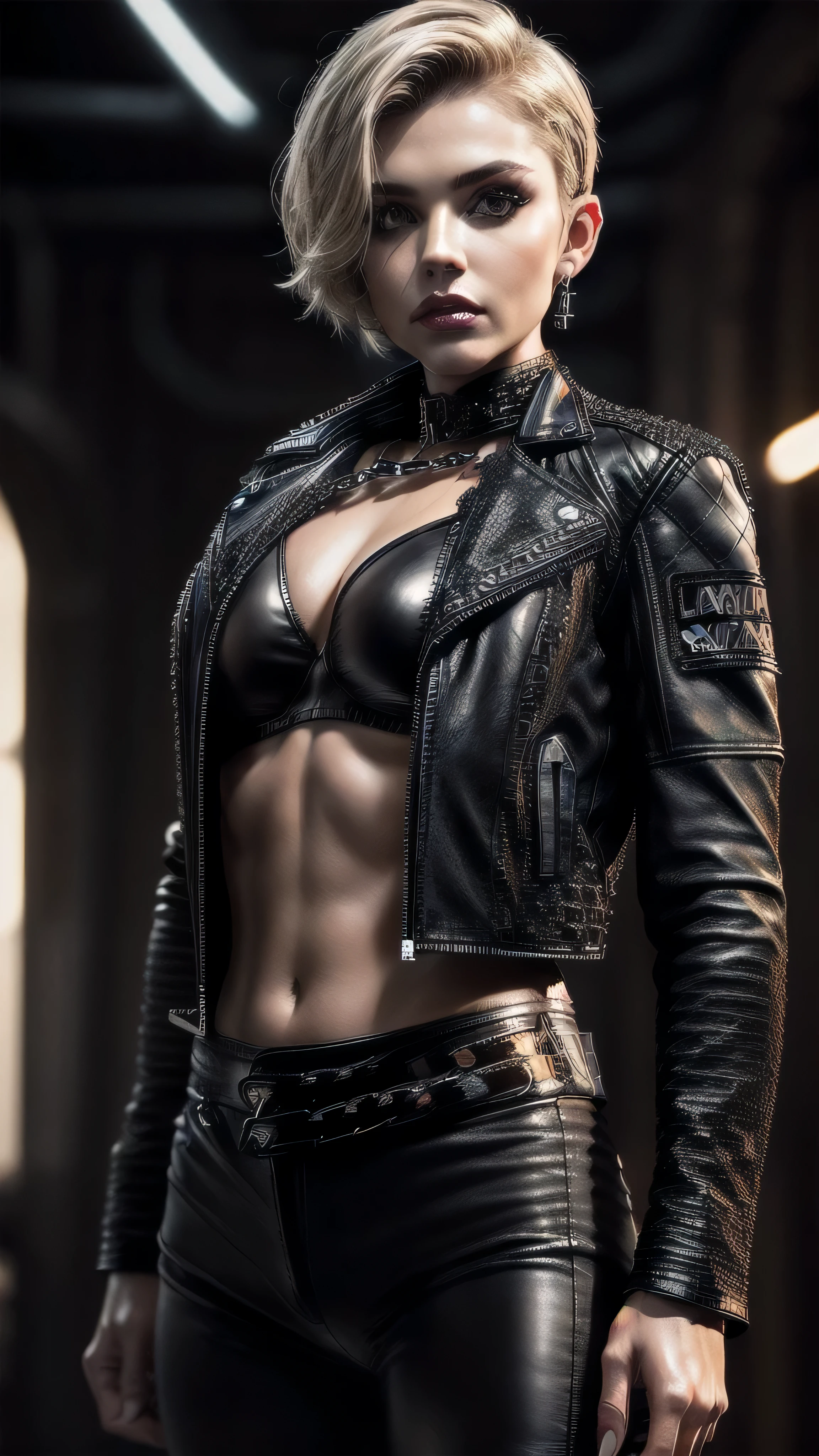 (masterpiece), (extremely intricate:1.3), (realistic), muscular bodybuilder girl, ((short undercut (([blonde hair:dark hair:0.62], [flat chest:large breasts:0.8], upper body, makeup:1.5, ((black leather jacket, leather pants, chrome perfectchainmail bra)), makeup:1.2), red lips, neon night, darkness, shadow), tattoo:1.2)), outdoors, ((cyberpunk street)), professional photograph, sharp focus, dramatic, award winning, cinematic lighting, volumetrics dtx, (film grain, blurry background, blurry foreground, bokeh, depth of field), 8K