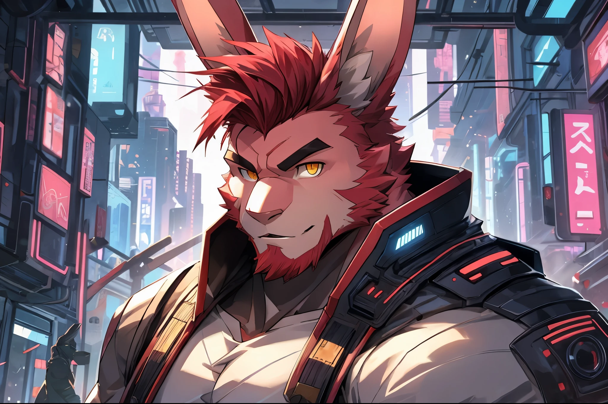 perfect face, bara furry, rabbit man, big body, pink skin, short quiff red hair, yellow eyes, perfect eyes, big rabbit ears, handsome, cyberpunk