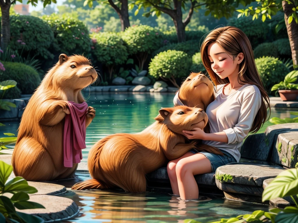 (best quality,4k,8k,highres,masterpiece:1.2),ultra-detailed,(realistic,photorealistic,photo-realistic:1.37),beautiful detailed eyes,beautiful detailed lips,extremely detailed eyes and face,longeyelashes,1girl,garden,playful,relaxing,cute,friends,hot springs,serene atmosphere,lush greenery,peaceful,tranquil,refreshing pool,soothing warmth,steaming water,calm,happy moments,natural environment,refreshed,joyful expressions,warm sunlight,water droplets,reflection,gentle breeze,laid-back,quiet happiness,harmony,comforting sounds,splashing water,laughter,leisurely,stunning scenery,endless fun,frequent interactions,nature,((( a playful capybara))),sparkling eyes,lovely smiles,playmates,pure joy,blissful,unforgettable memories,friendship,harmonious connection,enjoying nature's beauty