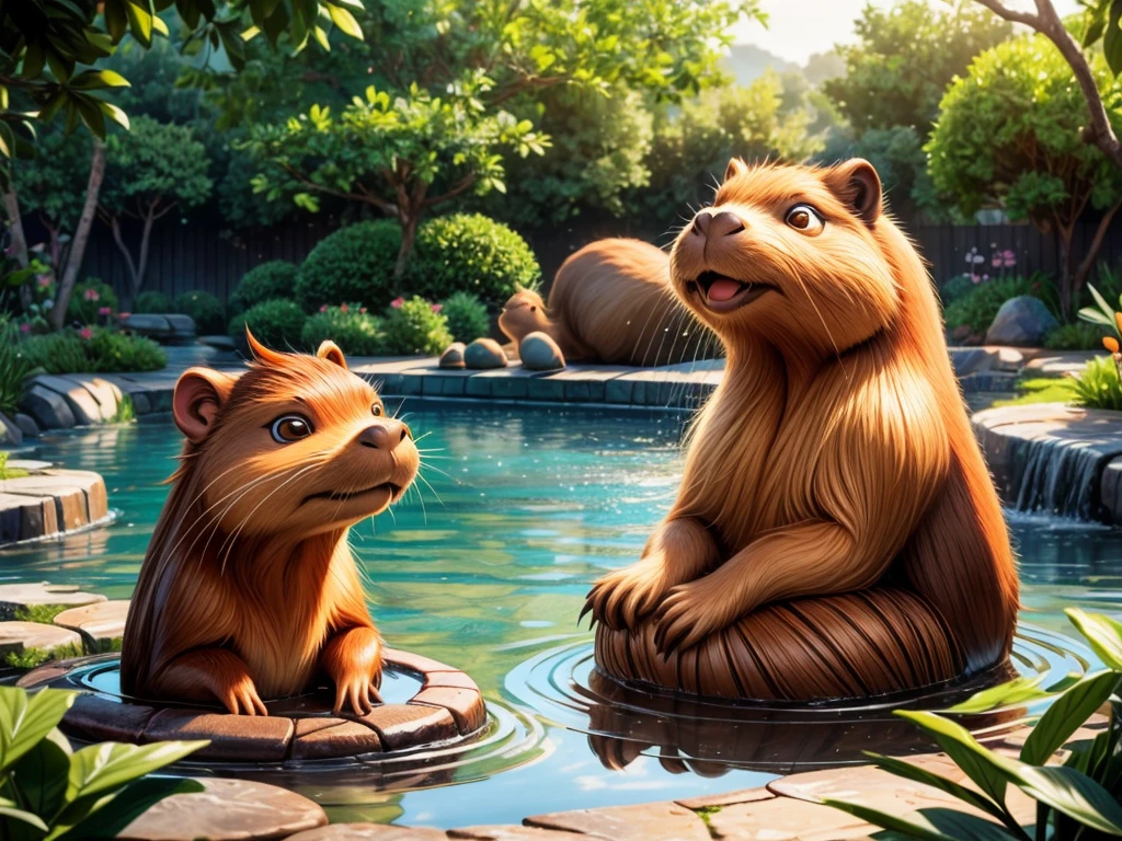 (best quality,4k,8k,highres,masterpiece:1.2),ultra-detailed,(realistic,photorealistic,photo-realistic:1.37),beautiful detailed eyes,beautiful detailed lips,extremely detailed eyes and face,longeyelashes,1girl,garden,playful,relaxing,cute,friends,hot springs,serene atmosphere,lush greenery,peaceful,tranquil,refreshing pool,soothing warmth,steaming water,calm,happy moments,natural environment,refreshed,joyful expressions,warm sunlight,water droplets,reflection,gentle breeze,laid-back,quiet happiness,harmony,comforting sounds,splashing water,laughter,leisurely,stunning scenery,endless fun,frequent interactions,nature,((( a playful capybara))),sparkling eyes,lovely smiles,playmates,pure joy,blissful,unforgettable memories,friendship,harmonious connection,enjoying nature's beauty