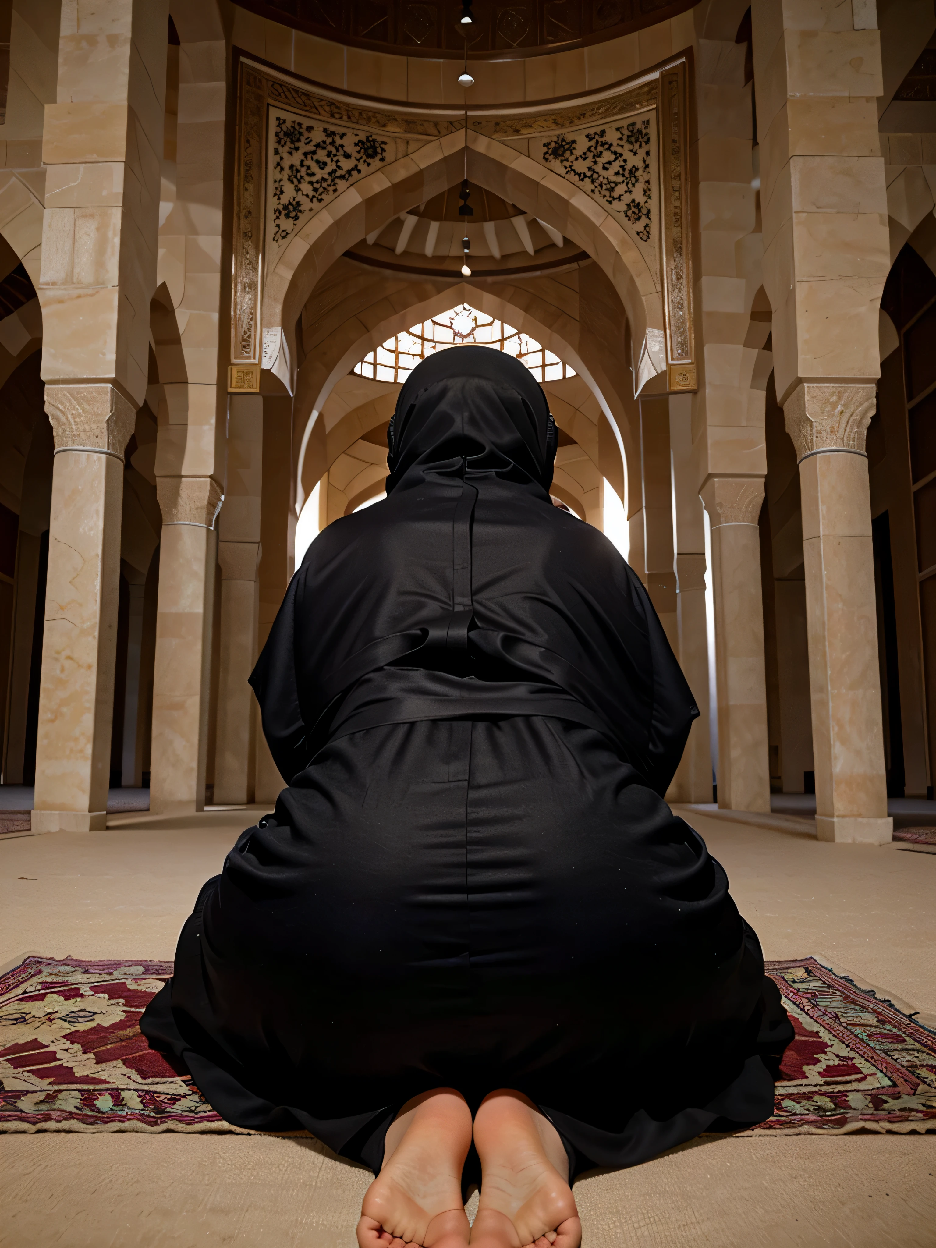(realistic), (high quality), Arabic woman in hijab and niqab praying at a mosque on her knees, rear view
