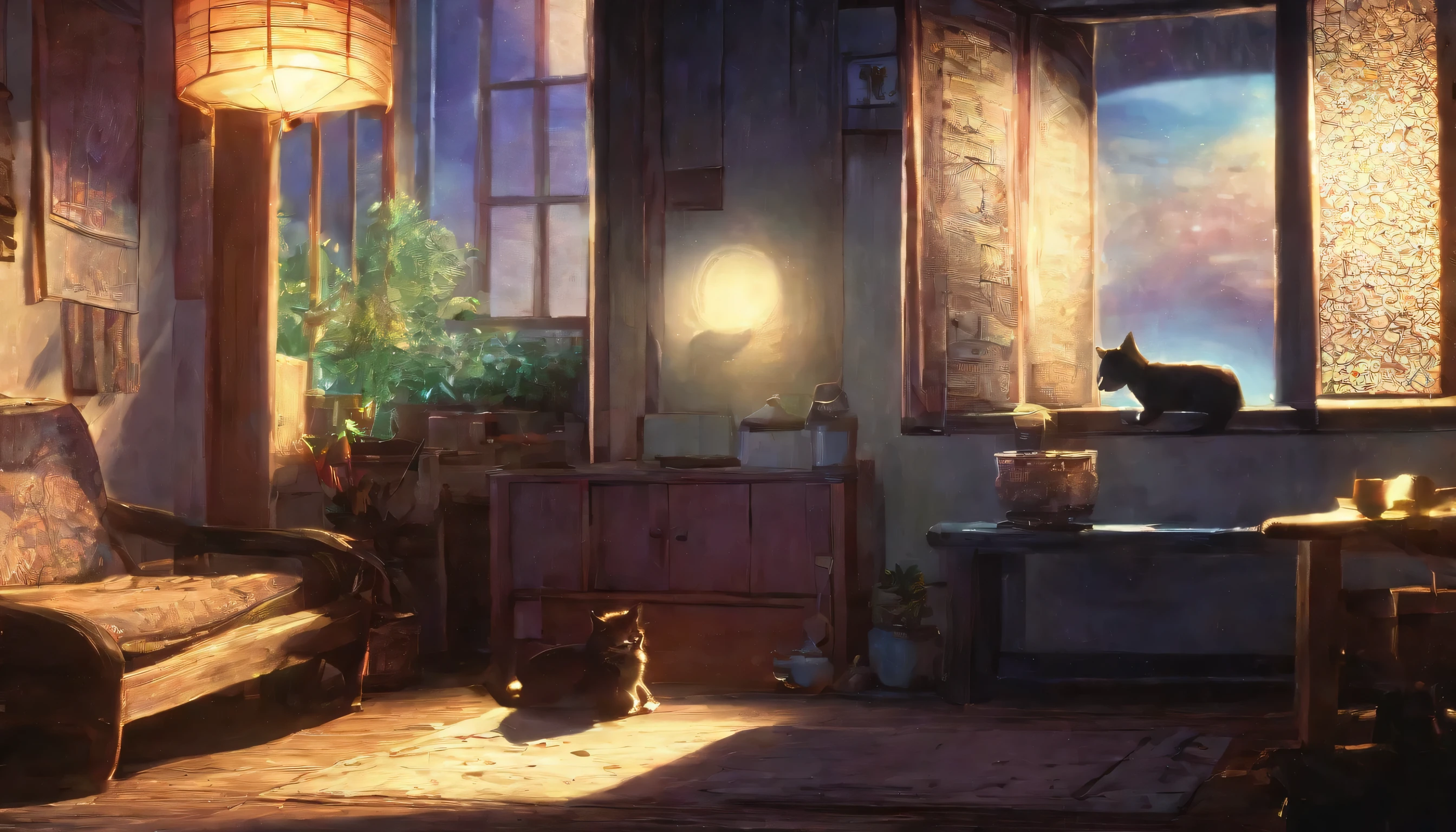High resolution, Absurd, Detailed Background, Cat, dog, night, Japanese House, Deteriorating furniture, Windows, moonlight, Good lighting, Shadows in the movie,