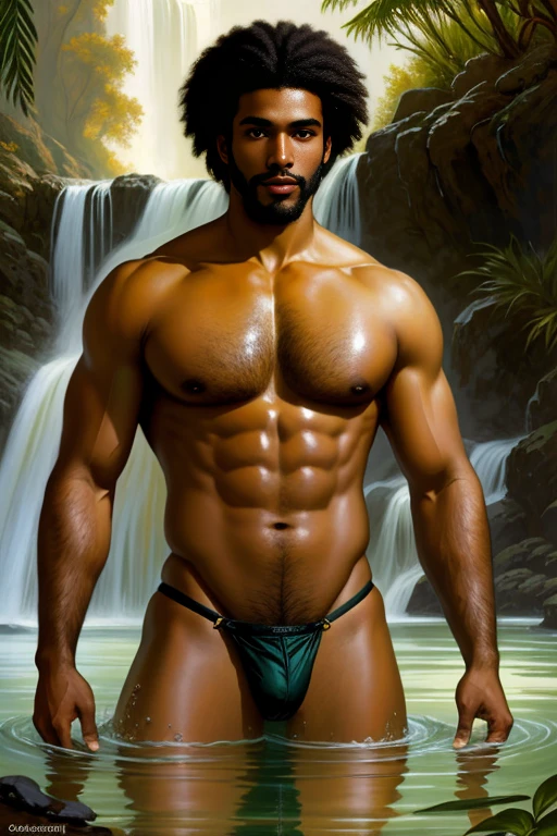 painting of an strong ebony african man, golden skin in the sun, green eyes, fleshy lips, taking a bath in a Beautifull crystal clear waterfall , nude hairy chest, hot and sexy african man, inspired by François Joseph Heim, by François Bocion, inspired by Carl Heinrich Bloch, by Friedrich Gauermann, inspired by François Bocion, by Johan Grenier, by Frédéric Bazille, orientalist tom of finland, William-Adolphe Bouguereau, Gaston Bussiere, Alphonse Mucha.