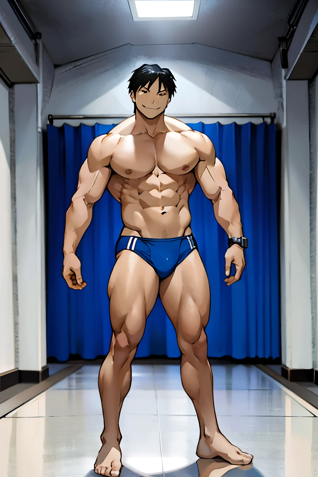 Roy Mustang from Full Metal Alchemist, wearing swimsuit, smug smile, bodybuilder, defined body, posing, shirtless, abs, big legs, white empty room