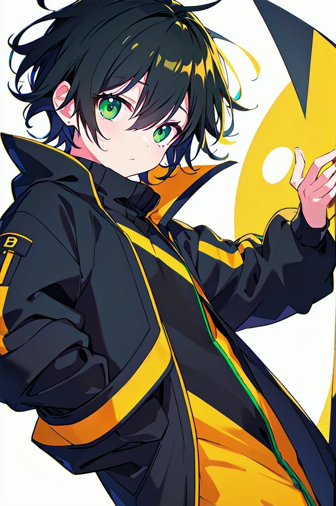 [(WHITE BACKGROUND:1.5),::5], ((((masterpiece)))), high quality, ultra_very_high_resolution, large_filesize, (green base), full color, ((solo)), ((little boy)), (((black short hair))), green eyes, anime, neon light, black parka,