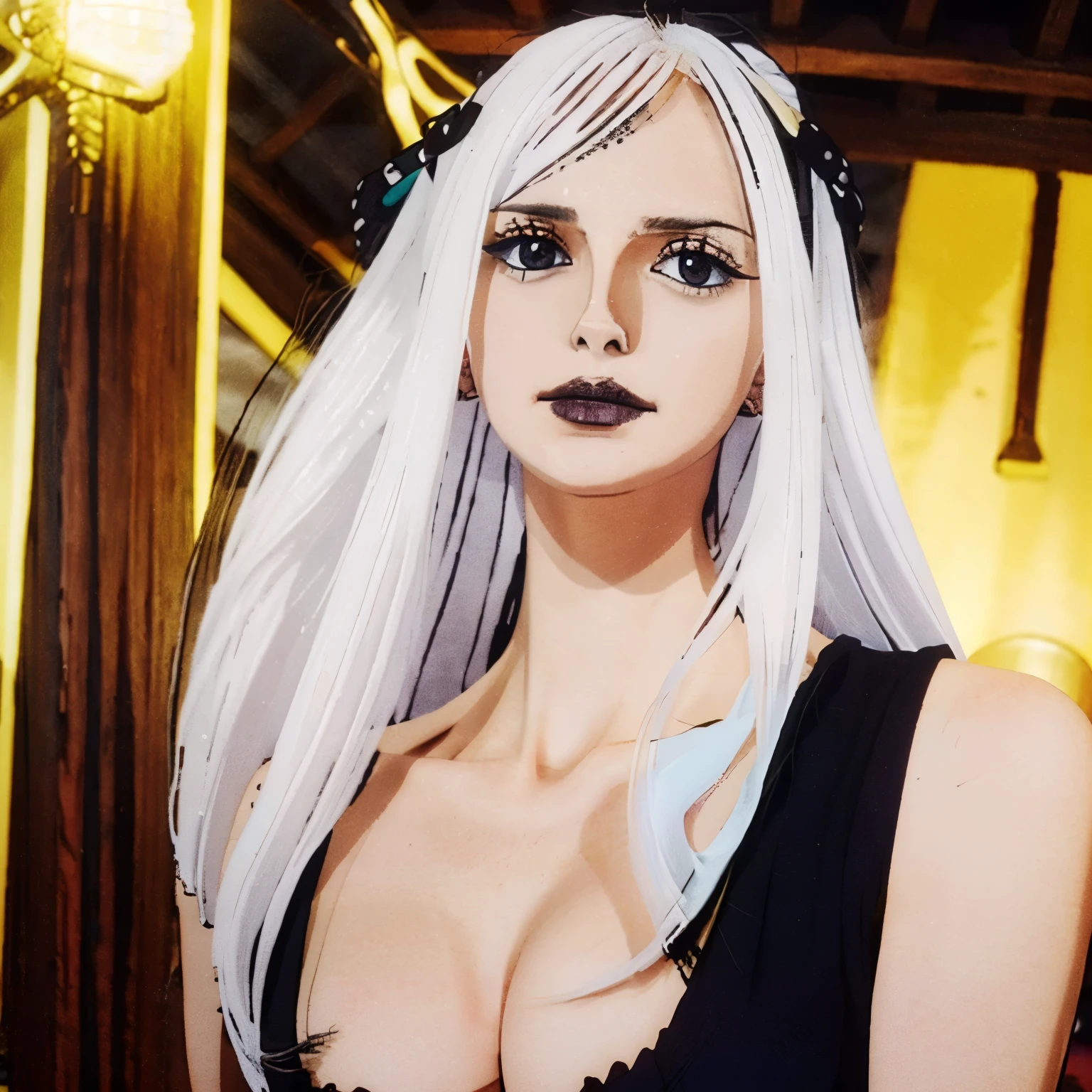 A very beautiful, white woman with perfect features and a gothic style with long hair and bangs