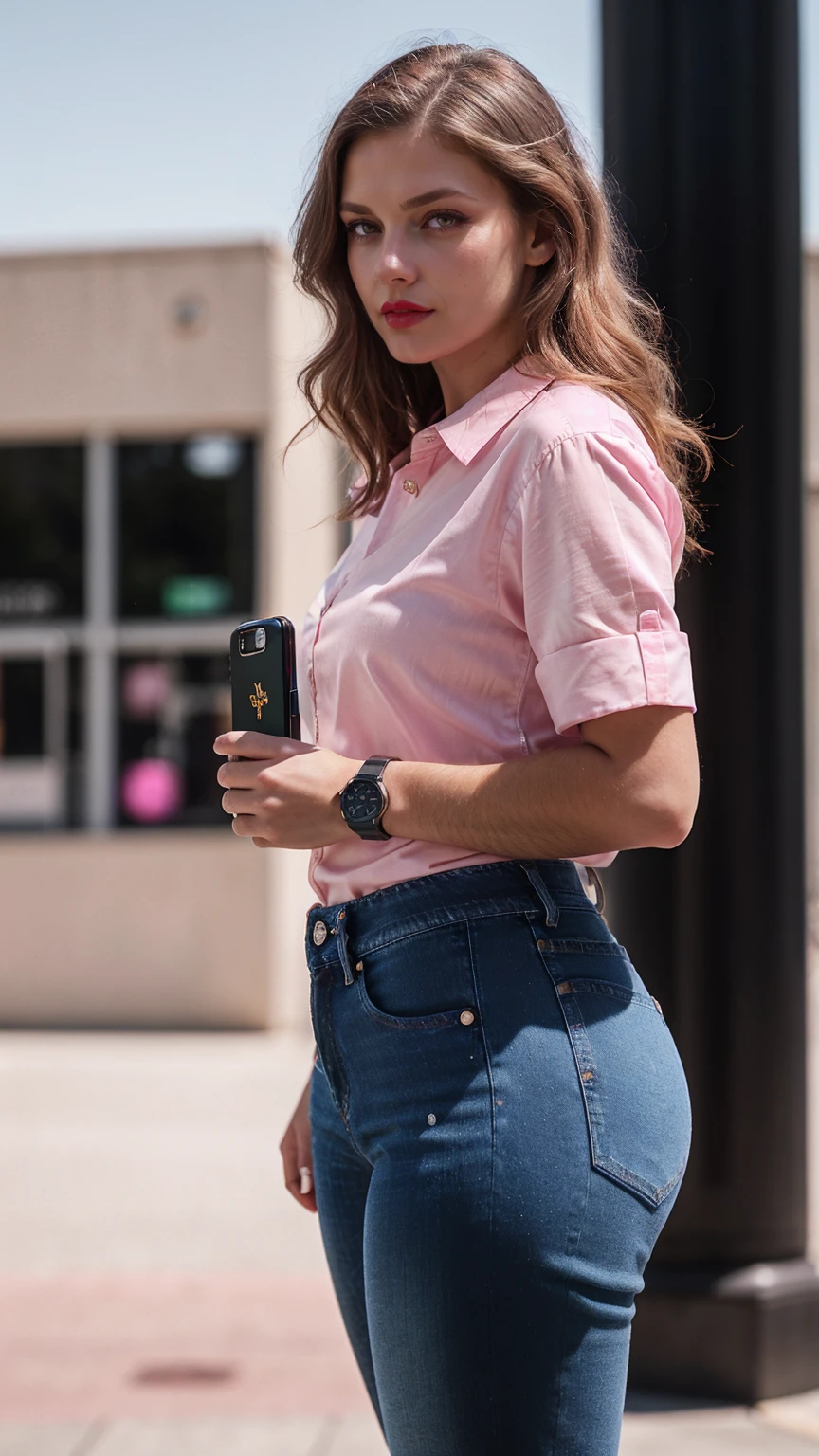 Blond brown hair, (RAW photo), (realism: 1.8), (gloss red lipstick, many eyelashes, dark black eye shadow, shy, blushing, high quality, high resolution, depth of collage field, chromatic aberration, caustic, wide light, dark pink glossy skin, (21 year old woman), smartwatch, smartphone, stylish college girl, jeans and pink silk shirt, lots of exposure, pose, visible 8k resolutions,