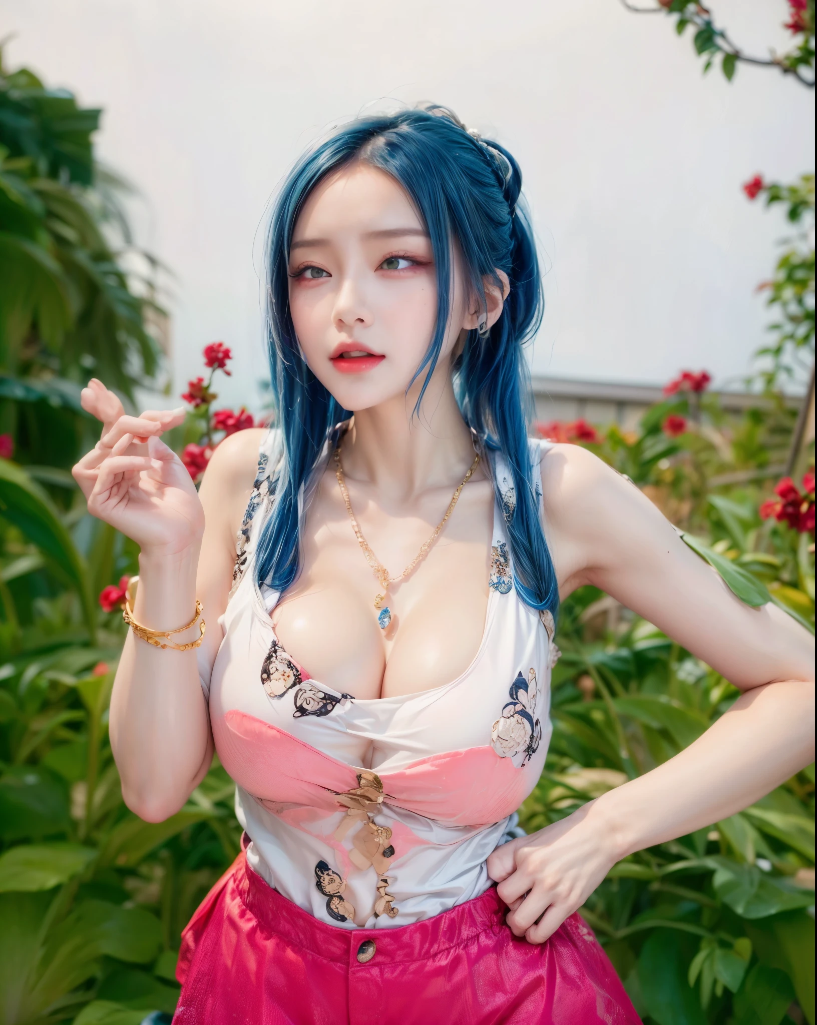 realistic, 1 women, best quality, 12k, HD, closed eyes, long hair, big round breasts, cleavage, ponytail, necklace, jewelry, shorts, short jacket, slim hips, hair tie, yellow eyes, black hair, super detailed, Eye details, hair details, person details, mouth details, face details, breast details, clothes details, hair details, pants details, hand details, whole body