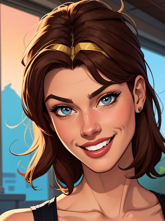 Xena princess warrior portrait mode sensual sesys style Cartoon style digital illustration together boyfriends Cartoon style character portrait mode Cartoon style character facial expression happy beautiful smile and six medium small portrait mode waist up