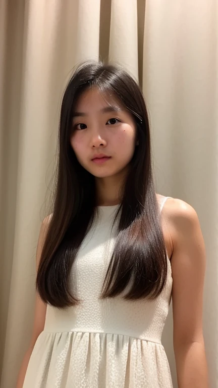 A young Asian woman，Have Chinese facial features，without make-up，Long hair，Messy hair，Skin blemishes，Skin spots，Skin Texture，Upper Body，Wearing a white dress，subjective perspective，reality，Realism，Background curtains，Low light