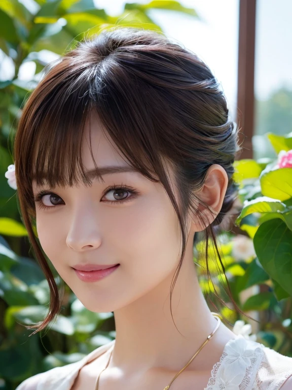 (highest quality:1.5)、(Realistic:1.5)、One person is standing、(Bust Shot:1.5)、Very detailed、finely、High resolution、8k wallpaper、Perfect dynamic composition、Small breasts、Natural color lip、Cute smile、Japanese women、20-year-old girl、Beautiful and elaborate face、Perfect and beautiful face、Beautiful and detailed、Big eyes、Brunette eyes、Beautiful and elaborate face、Perfect and beautiful double eyelids、Natural Bangs、Beautiful thin nose、Beautiful Skin、Maroon brown hair、Medium Bob Hair、Shortcuts、Natural Bangs、Beautiful Japanese Garden、Perfect and beautiful face、Natural pose、Slim face and figure、(looking at the camera)、Bright lighting、Professional Lighting、front lighting、(Upper body shot)、(Camellia Hairpin)、spring fashion、Simple Necklace、Natural smile、