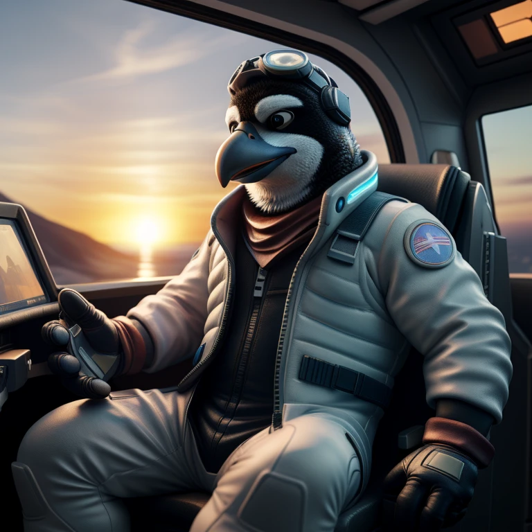 (Masterpiece, highest quality, realistic render, 3D, solo, male, piloted by, penguin, full body, realistic feathers, detailed expression, intelligent eyes, aviator hat, gloved hands, flight suit, goggles, seated, cockpit, sunset horizon, engine sounds, soft focus, trending on ArtStation, by PenguyPilot, by SkyFlyerPengo, by FeatheryFlier)

The piloted penguin takes his seat in the cockpit, a determined look on his expressive face. His feathers are meticulously rendered in high detail, with each quill appearing as if it could be touched. He