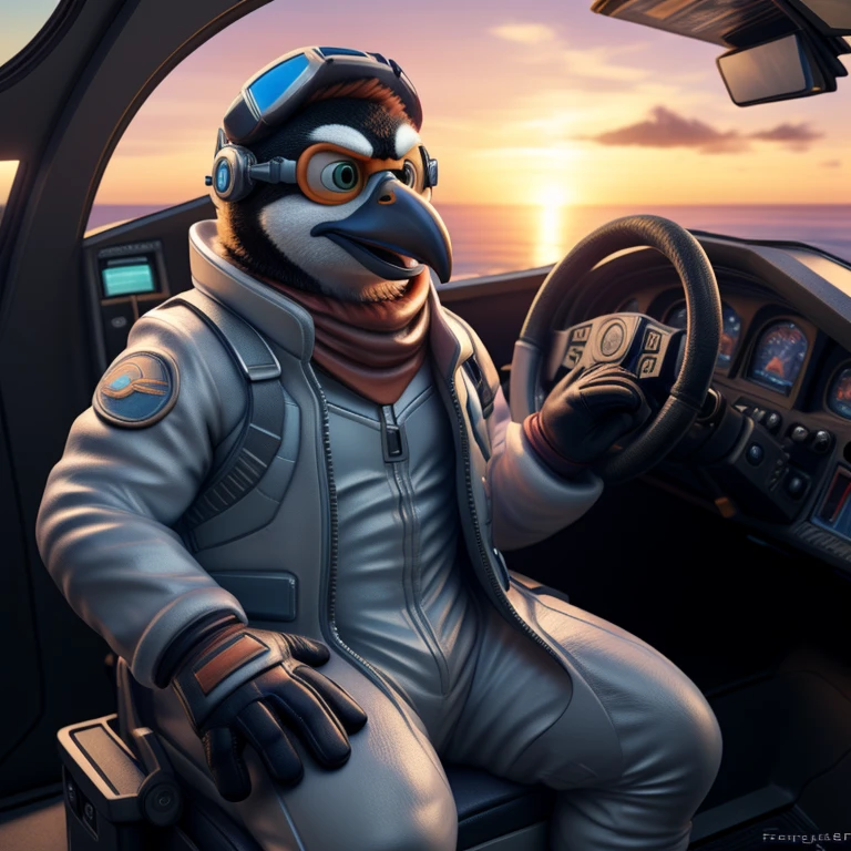 (Masterpiece, highest quality, realistic render, 3D, solo, male, piloted by, penguin, full body, realistic feathers, detailed expression, intelligent eyes, aviator hat, gloved hands, flight suit, goggles, seated, cockpit, sunset horizon, engine sounds, soft focus, trending on ArtStation, by PenguyPilot, by SkyFlyerPengo, by FeatheryFlier)

The piloted penguin takes his seat in the cockpit, a determined look on his expressive face. His feathers are meticulously rendered in high detail, with each quill appearing as if it could be touched. He