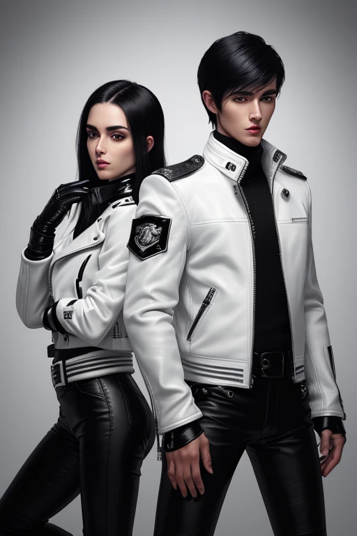 Final Fantasy-style graphics, young, Two cute and cool Japanese boys, Thin eyebrows and big eyes, Both are wearing shiny white single-breasted leather jackets.。..。Biker style leather jacket、 with epaulettes, The jacket is zipped up, The jacket pockets are black., The jacket has a high stand-up collar with a belt,They both wore black turtlenecks.., They both wore black leather pants.., Both of them were wearing thin black leather gloves.., They both wore black leather knee-high lace-up boots.., Please show me your whole body, Both of you, From head to toe., Final Fantasy Style、((Two handsome guys))、((Clear eyes and nose))、((Shiny white single leather jacket))、((The jacket must be white))((The jacket has epaulettes))、((The jacket has a high stand-up collar and a belt.))、((The jacket has a black pocket))、((Black turtleneck shirt))、((Shiny black leather pants))、((Shiny black leather gloves on both hands))、((Black lace-up leather long boots))、((They're both dressed exactly the same))、((View the whole body image from a distance))、Realistic image quality and texture、In a small cell、close your eyes、Has a gentle smile、((The jacket is closed with a zipper))、((No exposed skin below the neck))、((Lying in bed and sleeping))、((The two of them are standing close together with their eyes closed))