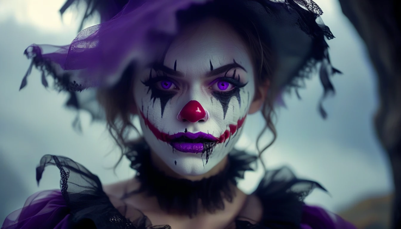 A place with a morbid look that resembles a funeral, (foggy:1.2), silhouetted in soft shadow (closeup photograph:1.2) (Purple Mountain Majesty clown outfit:1.3) (beautiful supermodel:1.1) Face forward, Shark Teeth, Jaws wide opened, very close, her face is inches from the camera, her mouth is opened grotesquely wide with long sharp teeth fangs like a vampire but many of them, and crazy eyes, her face fills the entire image, it looks like she is about to bite us, bokeh