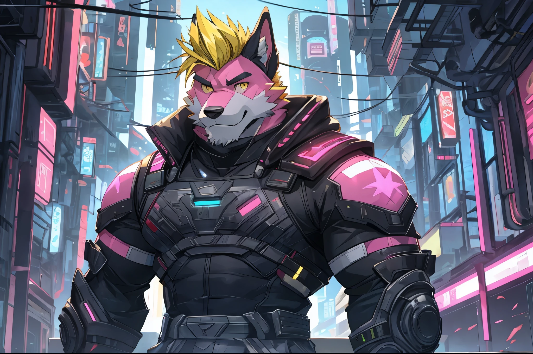 perfect face, bara furry, dog man, big body, pink skin, short quiff yellow hair, yellow eyes, perfect eyes, big dog ears, handsome, cyberpunk, in the sky