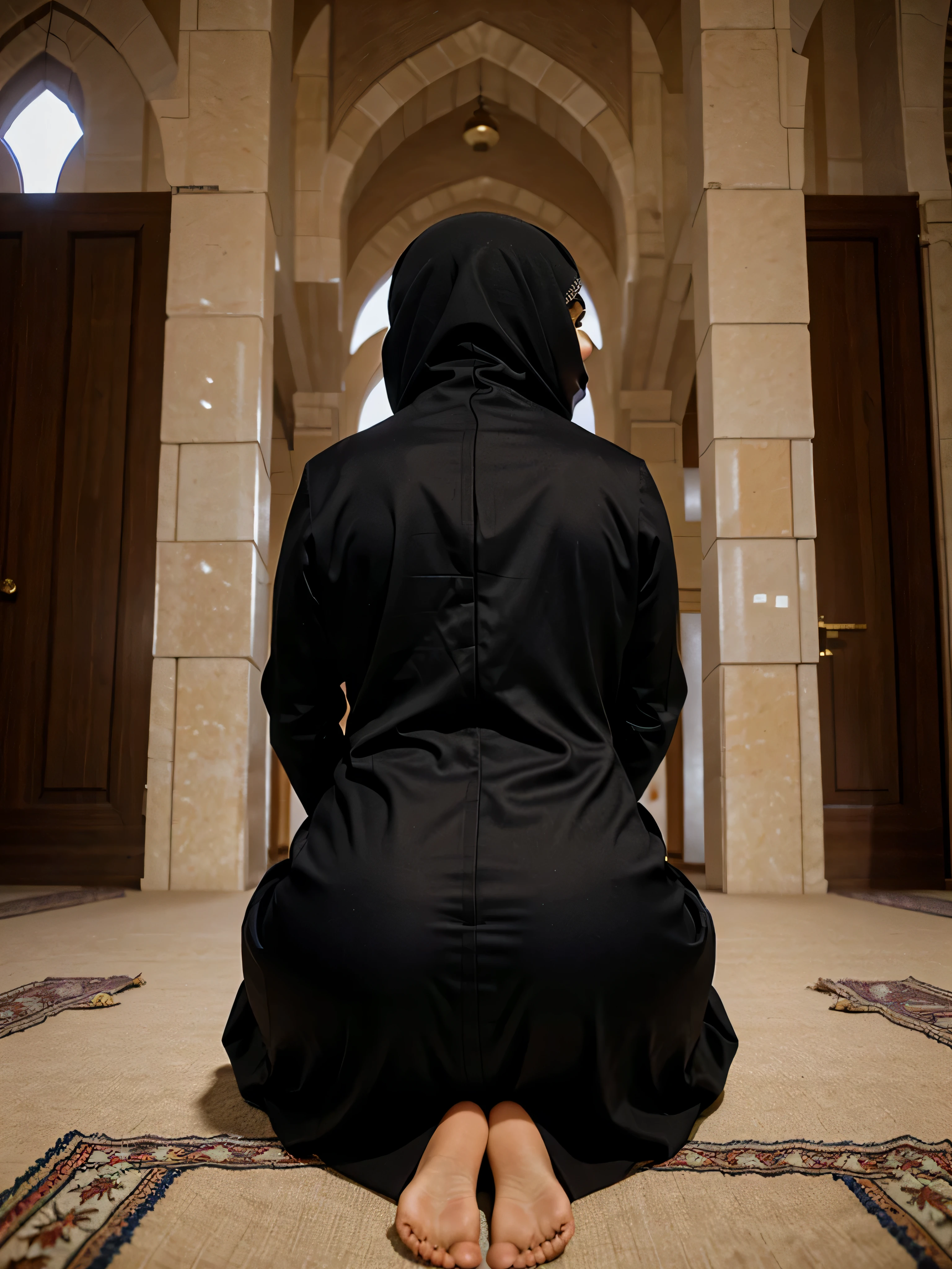 (realistic), (high quality), Arabic woman in hijab and niqab praying at a mosque on her knees, rear view