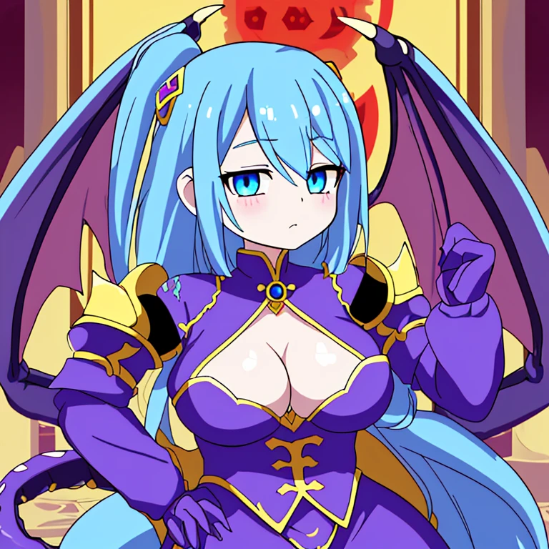 Look like 20yr human woman but is can turn into a Empress Dragon (https://www.dragon-mania-legends.wiki/wiki/Empress_Dragon), gender is female, her Hair color is Han blue or shade of blue, her Eye Color is light pink, wear a shade of Blue and golden armor with some light pink jewel, Many dragons find themselves helpless to resist commands from the bewitching Empress Dragon. Medieval theme,