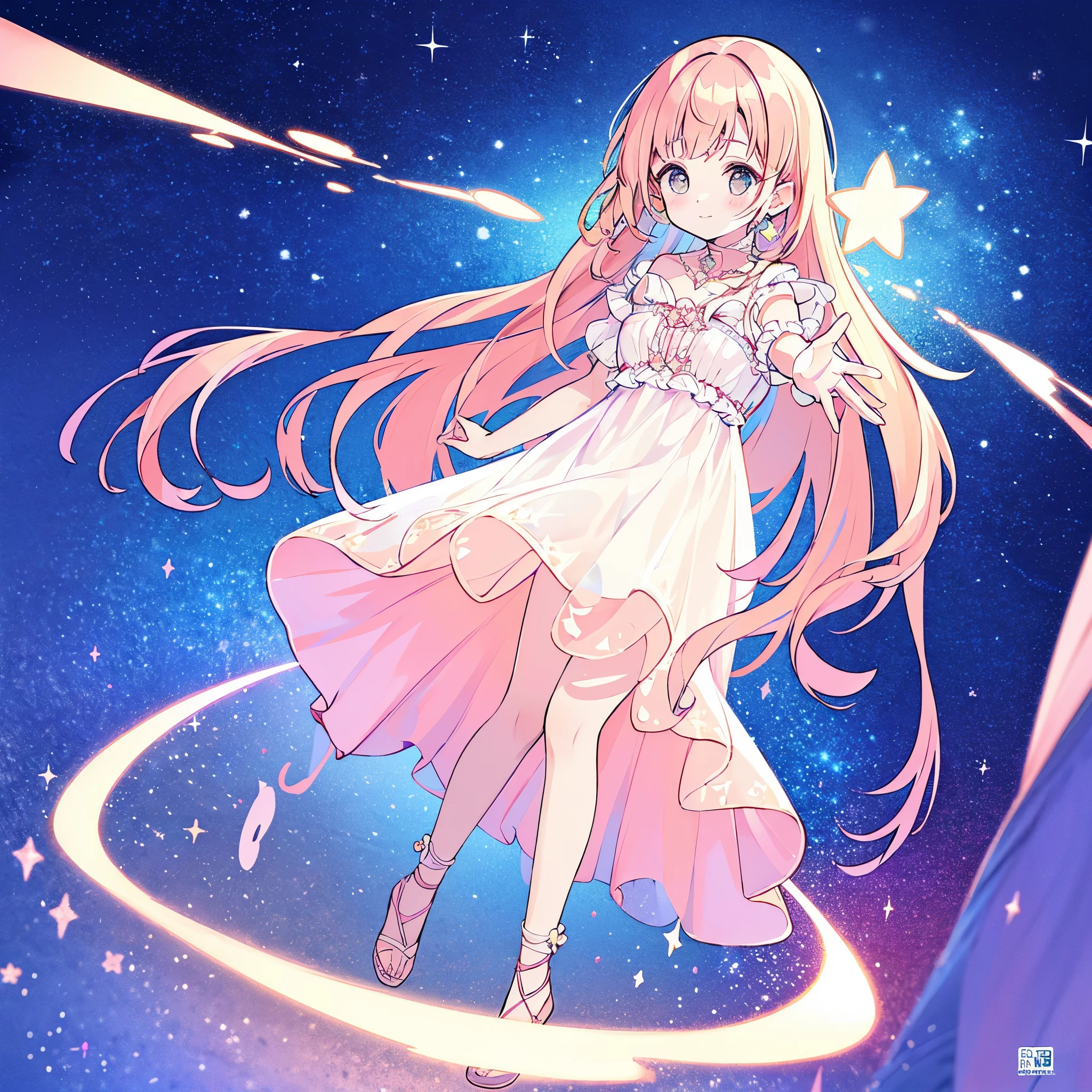 complex background, wishing star background, a woman wearing an ethereal mystical pink translucent dress that reflects the stars, perfume promo art, mystic, complex drawing, highly detailed, Covergirl brand, promo art, artistic rendition, ethereal, starry night, midjourney style