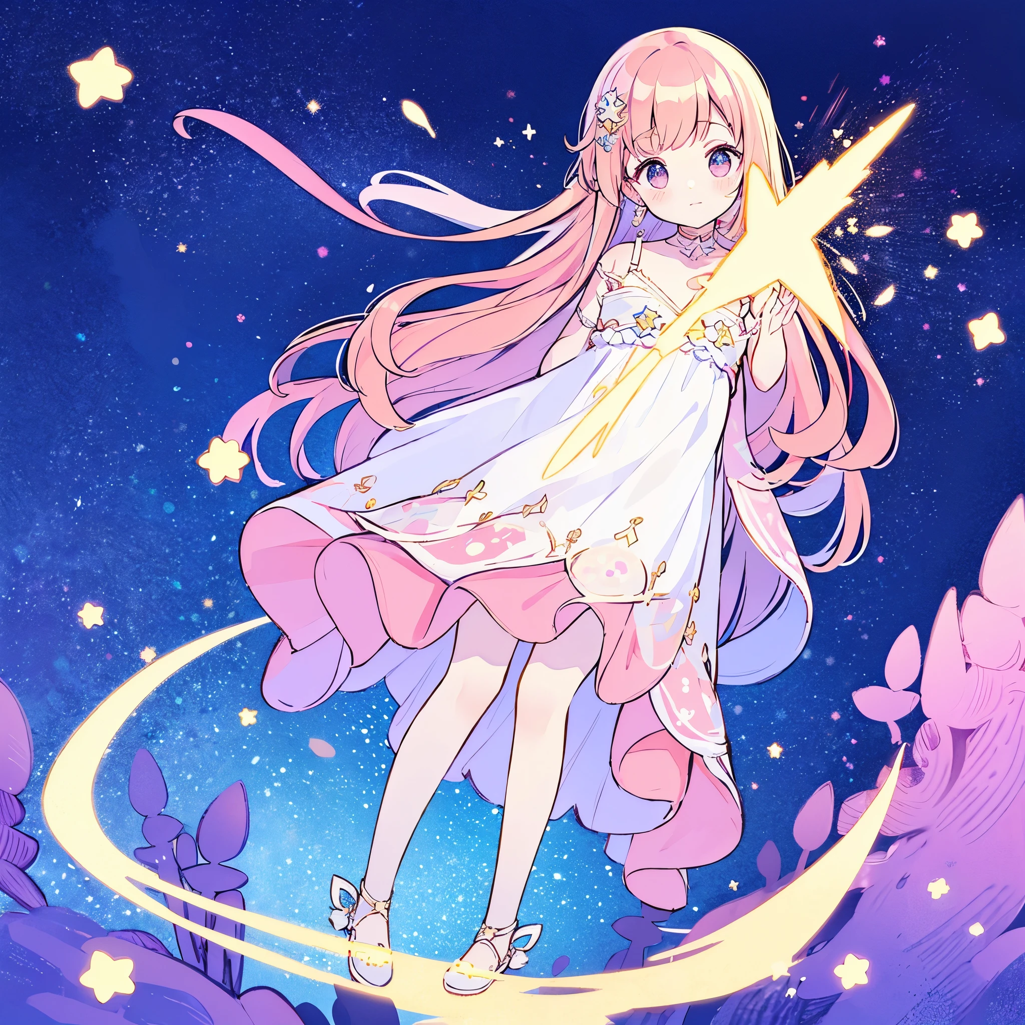 complex background, wishing star background, a woman wearing an ethereal mystical pink translucent dress that reflects the stars, perfume promo art, mystic, complex drawing, highly detailed, Covergirl brand, promo art, artistic rendition, ethereal, starry night, midjourney style