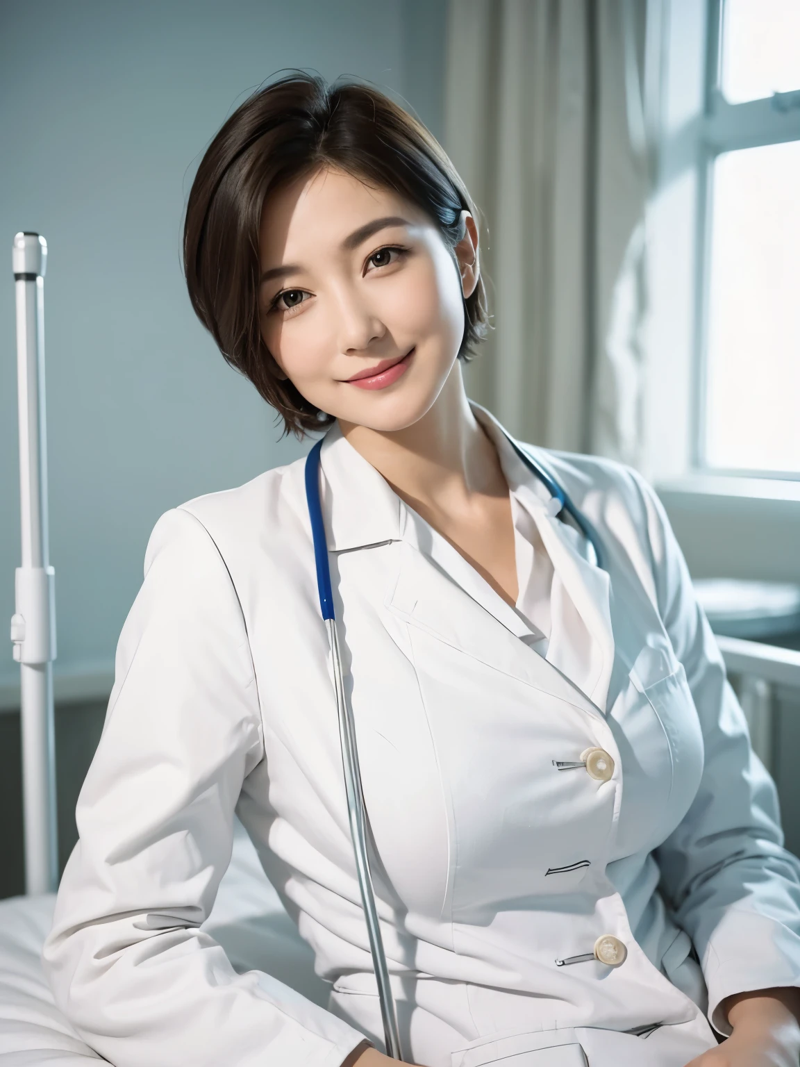 (highest quality:1.2),(Perfect beautiful face:1.2),(Perfect and beautiful posture:1.2), ((mature nurse:1.2), Short Hair),Lying in a hospital bed,smile,(Wearing a white coat)