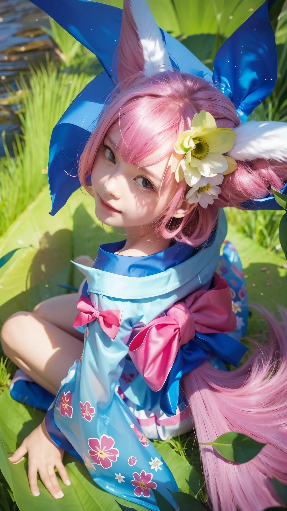 (best quality,4k,8k,highres,masterpiece:1.2),ultra-detailed,(realistic,photorealistic,photo-realistic:1.37),pink-haired girl,blue dress,girl laying on grass,artgerm style,girl wearing a flower suit,vivid colors,sharp focus,beautiful detailed eyes,beautiful detailed lips,long eyelashes,detailed flowers,dreamy lighting,cat ears, smiling