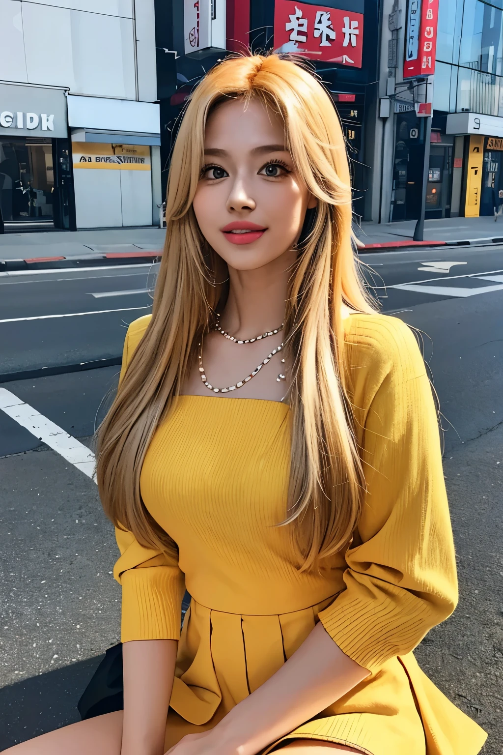 (best quality,8K raw photo,highest quality:1.2),ultra-detailed,realistic,photo-realistic:1.37,portrait,Tokyo street,beautiful detailed eyes,beautiful detailed lips,extremely detailed eyes and face,long eyelashes,cute smile,model shoot,yellow honey medium long blonde hair,spring coordination,yellow tight miniskirt,normal high heels,vibrant colors,natural lighting