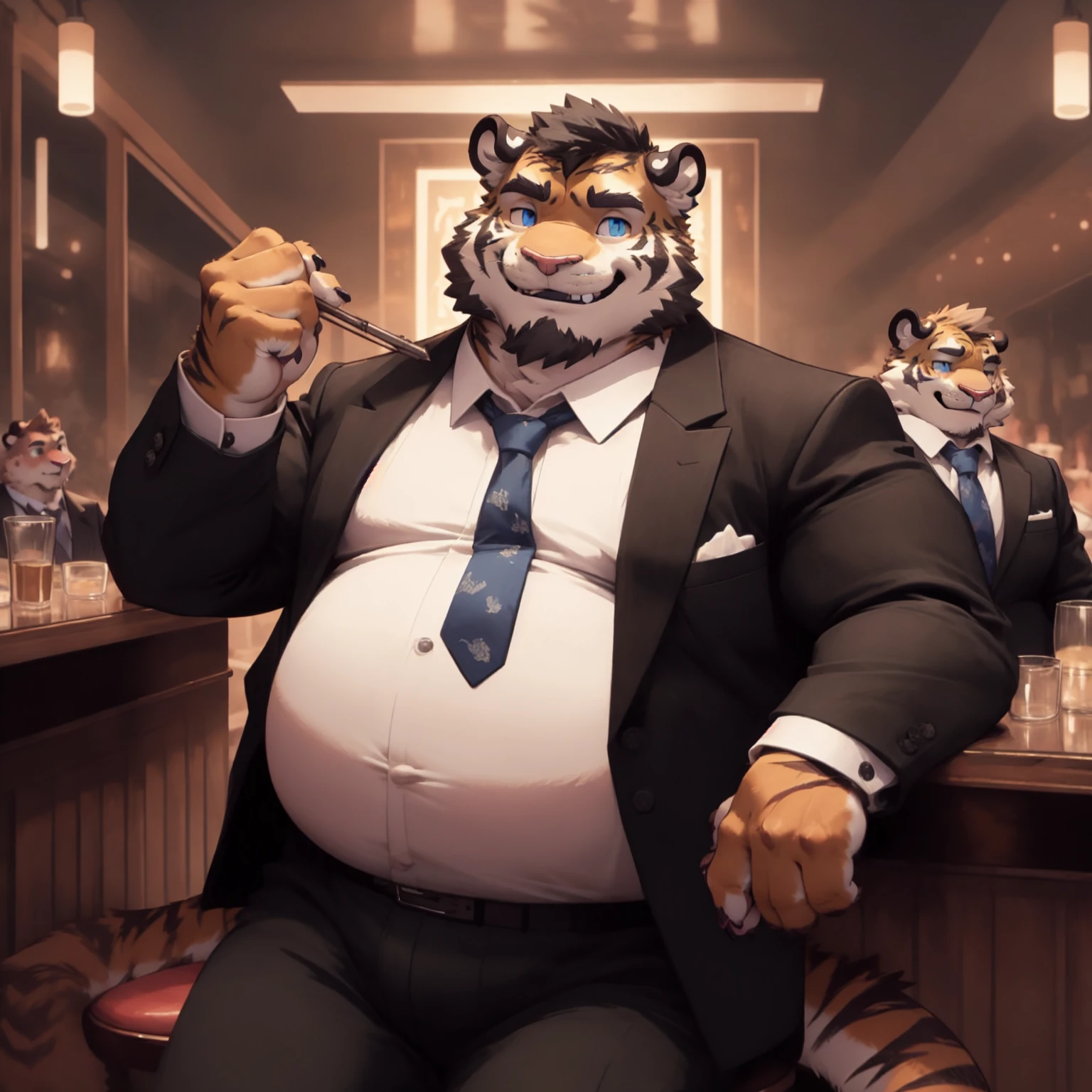 New Jersey 5 Furry,Tiger，portrait，Exquisite， Chubby，Fat，Thick arms，Rugged muscles，plush fur，Chubby脸，Black eyebrows，Sky blue eyes，Beard，Cabaret，Suit and Tie，Black Blazer、Pants，Sit at the bar，Smile