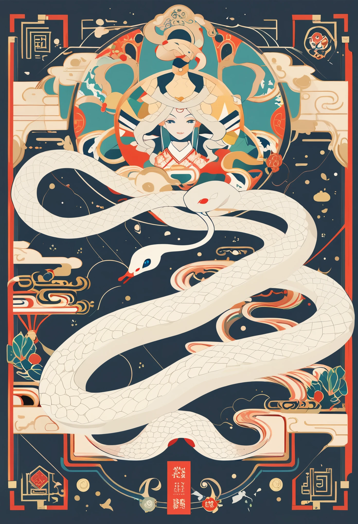 cover page, The Legend of the White Snake, Bai she zhuàn , flat Design, vector illustrations, graphic illustration, detailed 2d illustration, flat illustration, digital illustration, digital artwork,